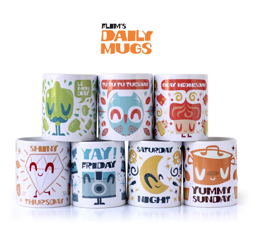 Flim  mugs  daily  characters   lemon  owl  camera  Diamond cupcake  moon cute  retro vector package