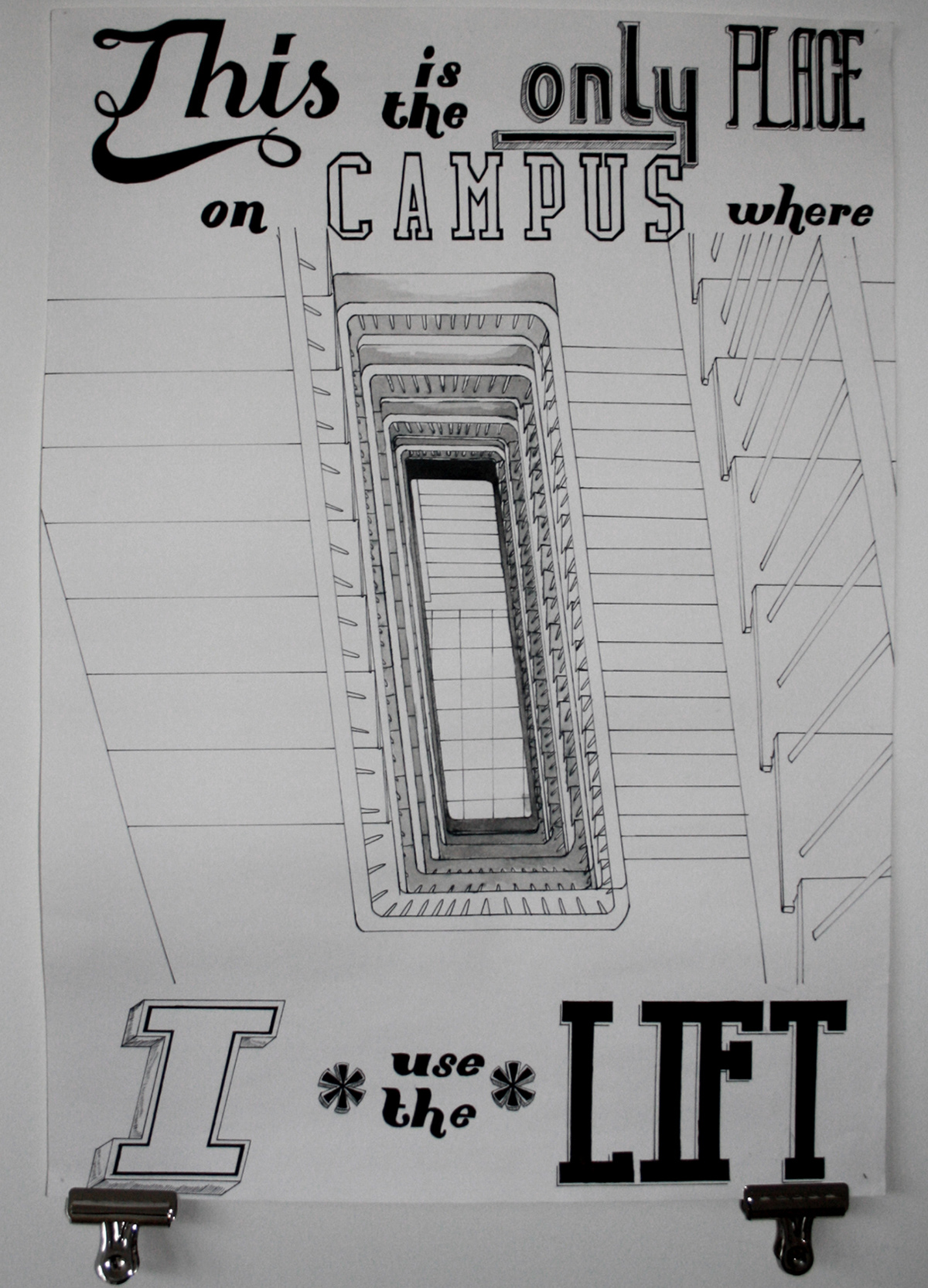 University campus hand drawn black and white poster type a2