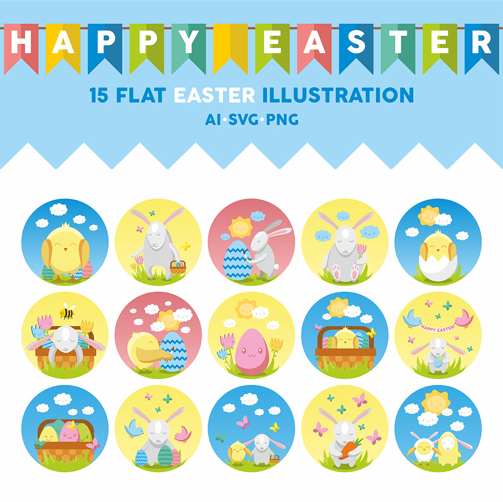 Easter icons flat celebration eggs bird rabbit
