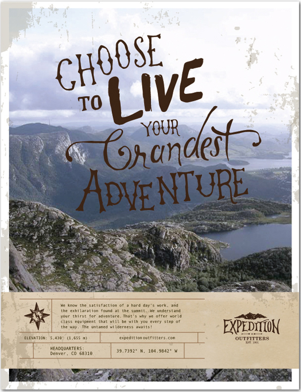 Magazine Ad  hand lettered typographic rugged  masculine mountains