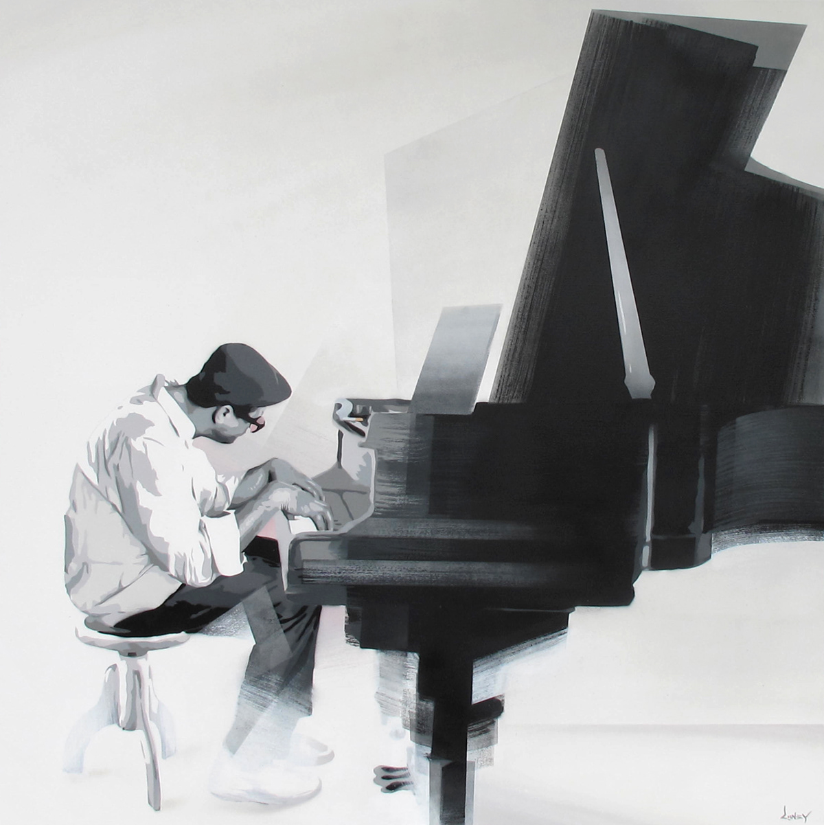 Pianist cap black and white spray jumping tango DANCE   art boy Young gray Piano Classic birds Fly