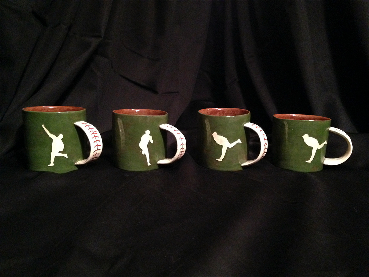 TWU Texas Woman's University clay ceramic stop motion baseball Mugs