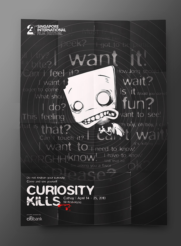 Event celebration poster Character curiosity kills festival ticket Invitation toolkit Booklet acrylic