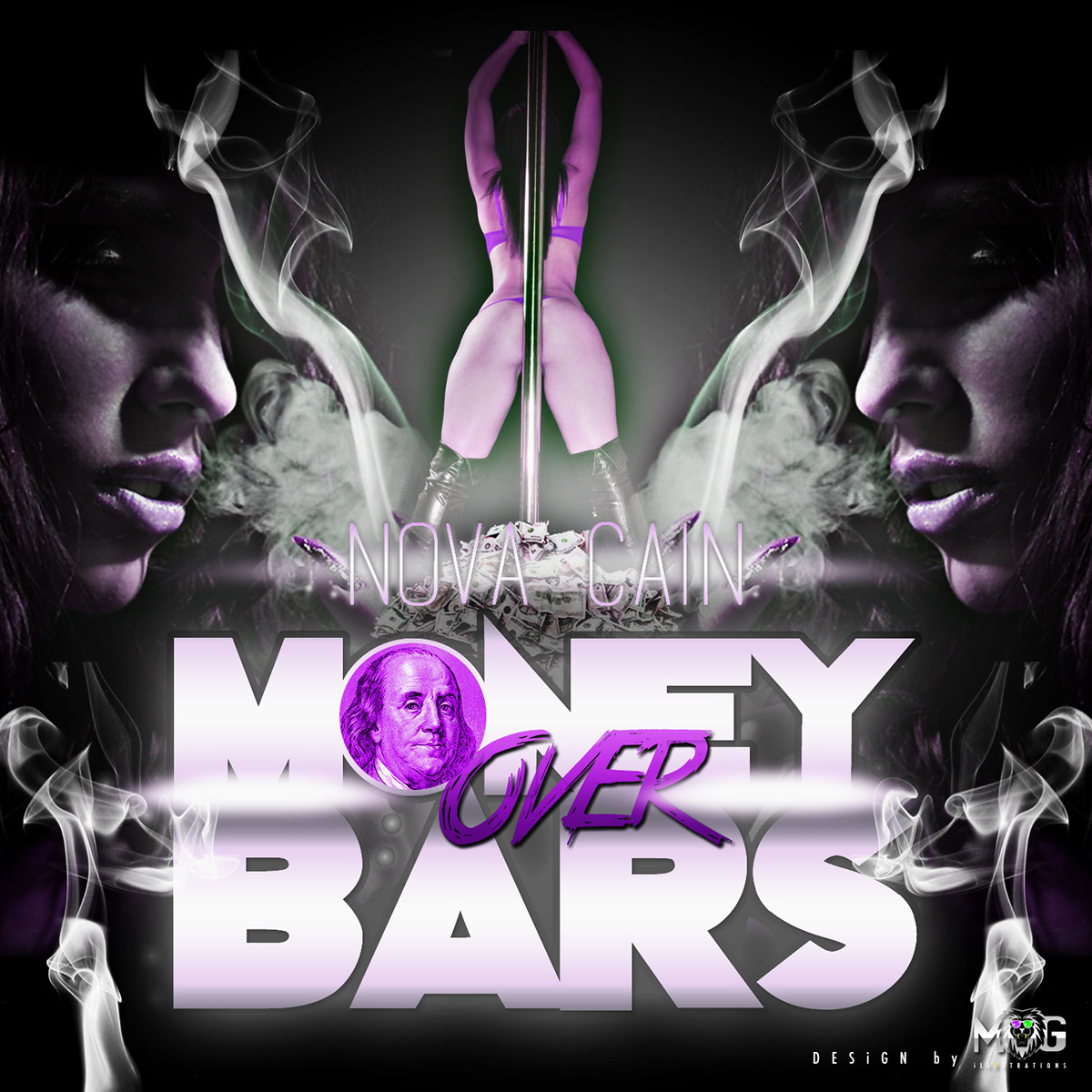 money over bars mixtape cover album cover MG mind gone mg illestrations nova cain stripper girls smoking smoke purple marijuana Benjamin Franklin
