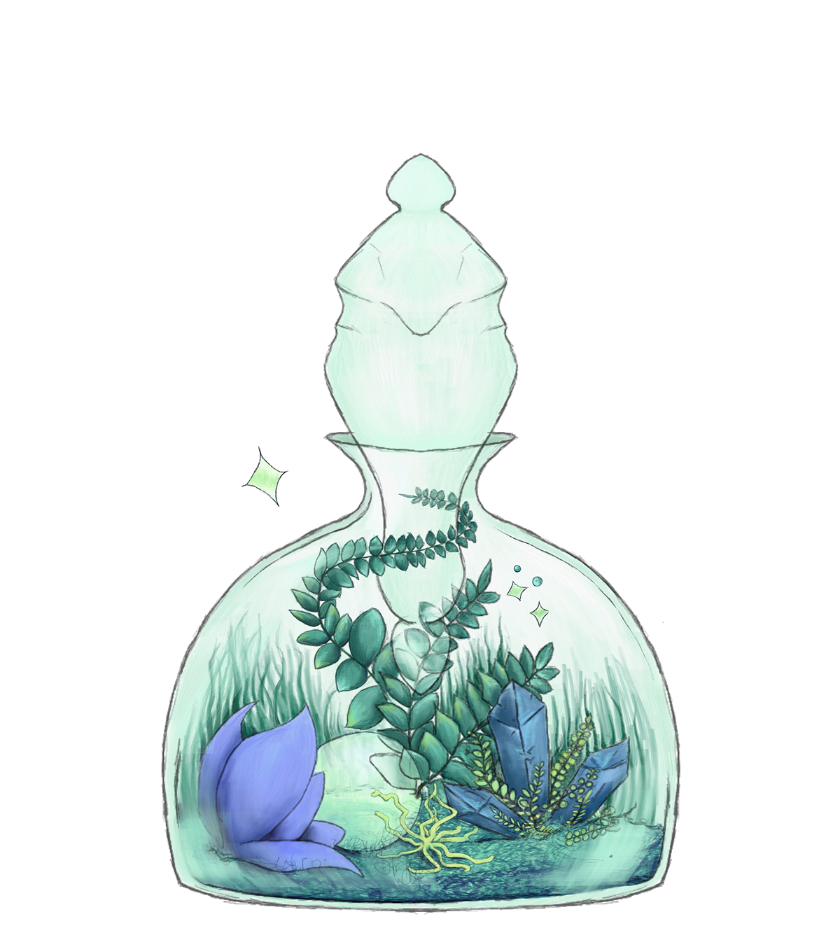 Magic   terrarium witch green blue purple sticker plants floral bottle