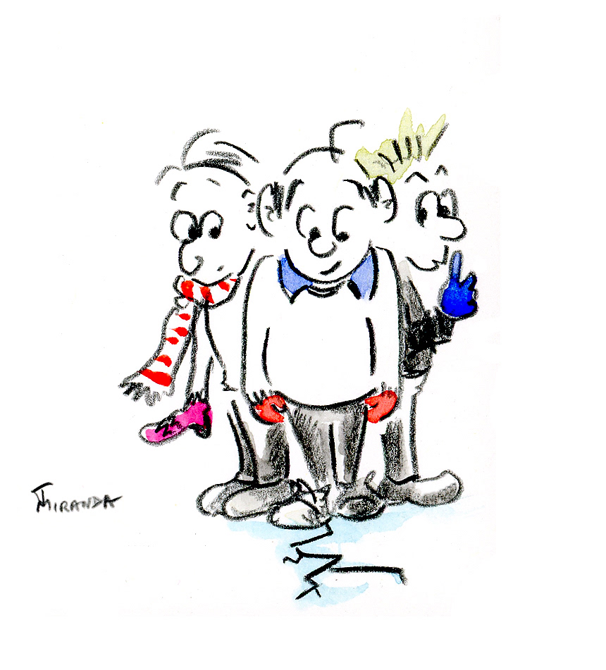 Whimsical colored pencil and watercolor cartoon illustration of 3 friends on thin ice