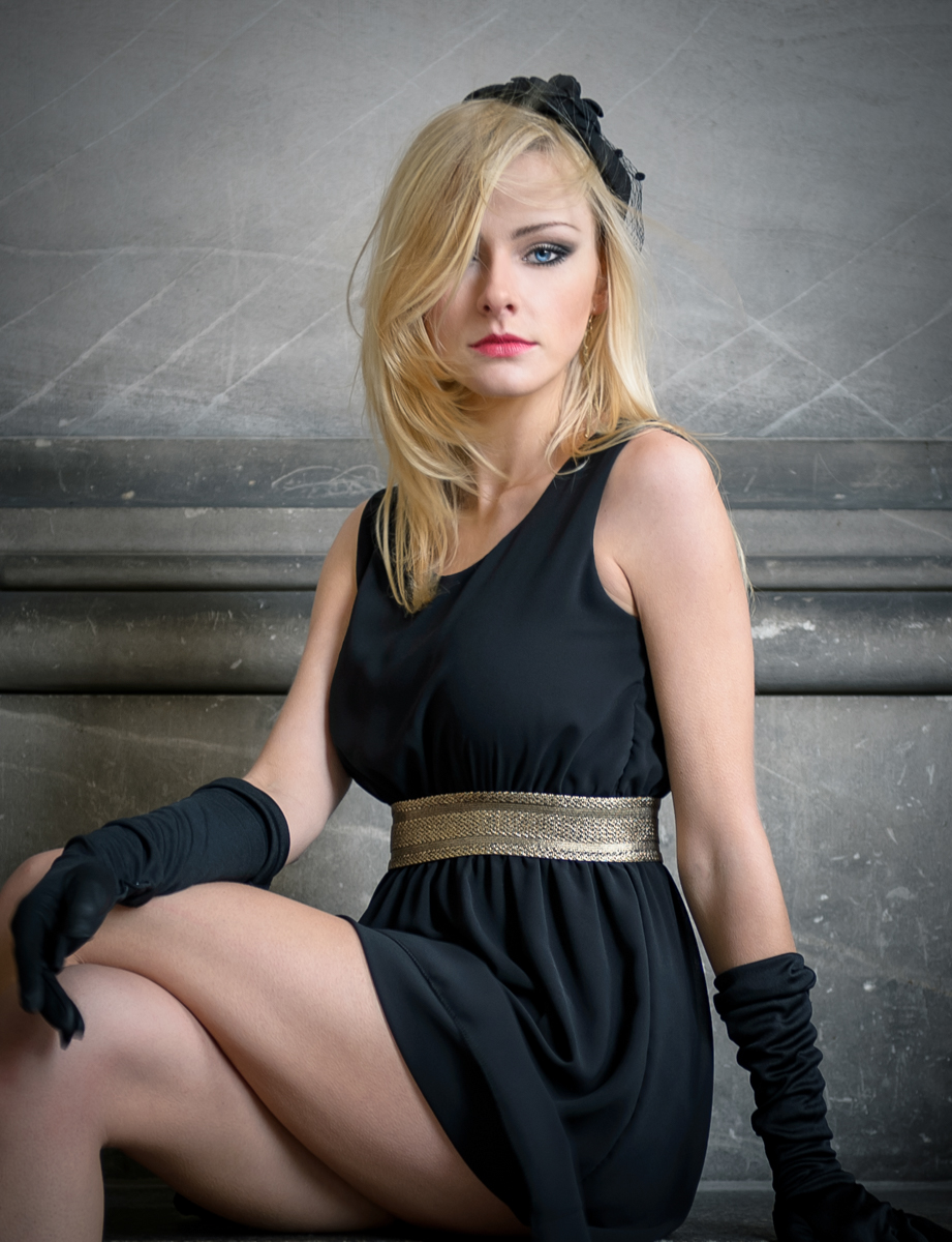 German blonde in black dress