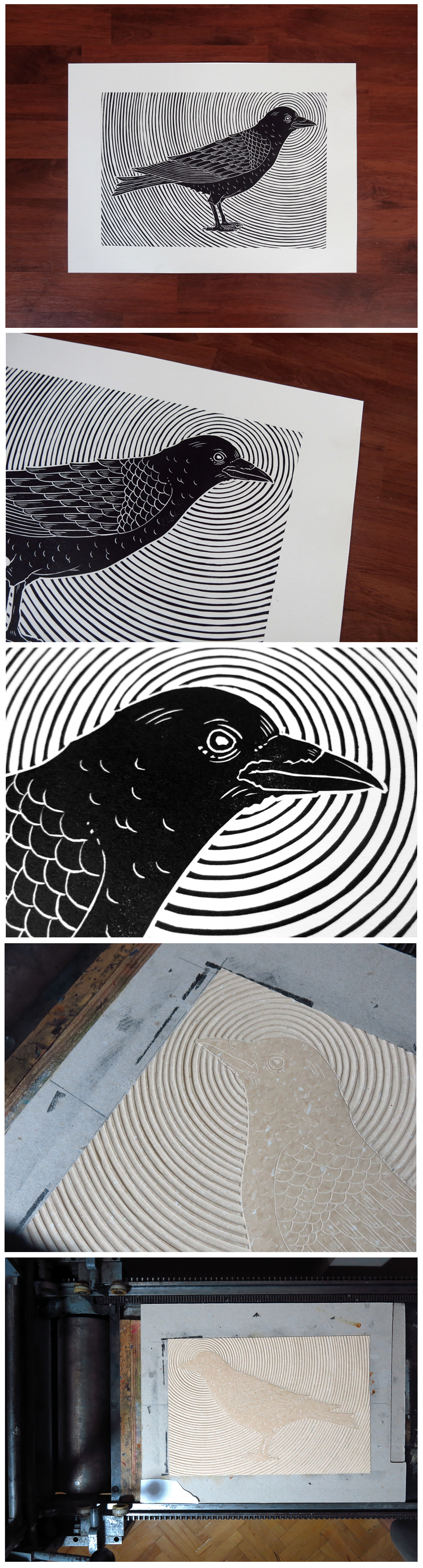 linocut Lino-Cut print-making linolium crow black