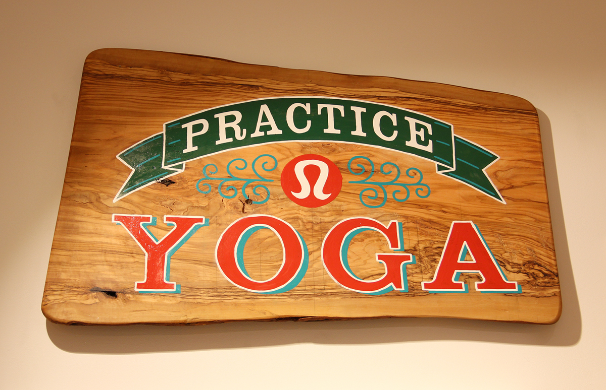 Adobe Portfolio Yoga reclaimed wood engraving lettering Lululemon Quotes mantra Sign Writing Mural vintage wall type