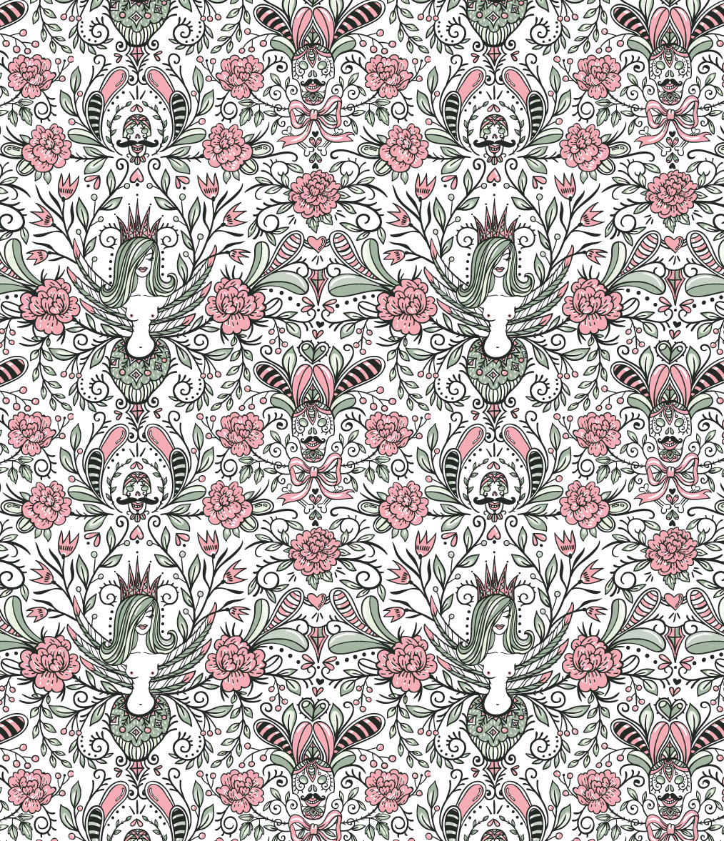 vector seamless vector pattern sketch print textile wallpaper floral vintage rose scull