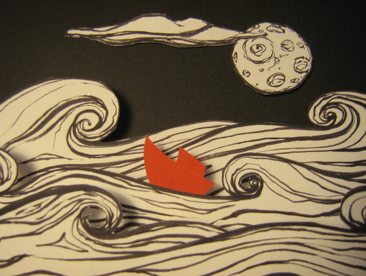 night storm  sea red black boat wave moon cloud Popup paper cut ship