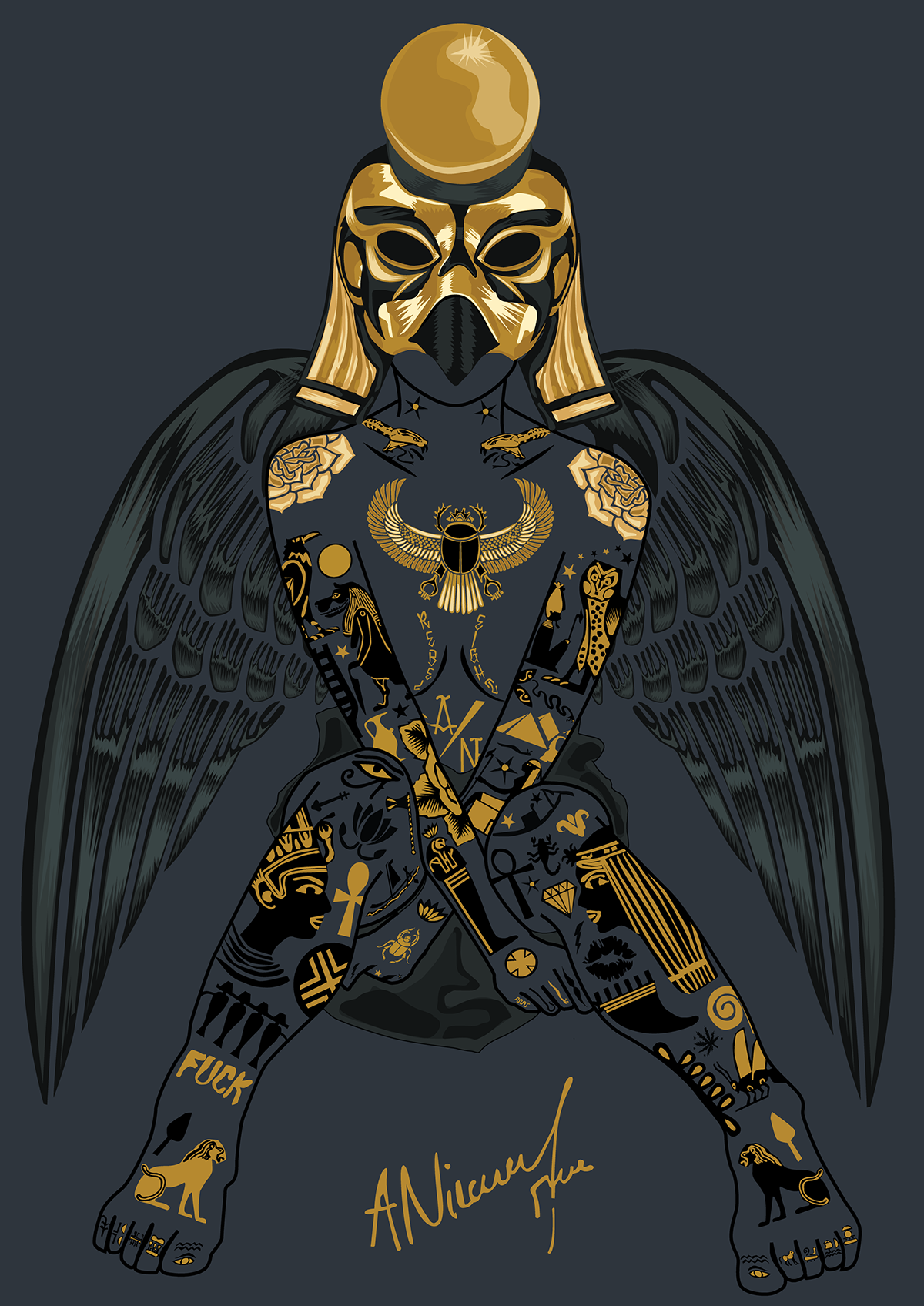 RA bird egypt egyptian girl naked tattoo tattoos wings gold yellow black grey eye portraits