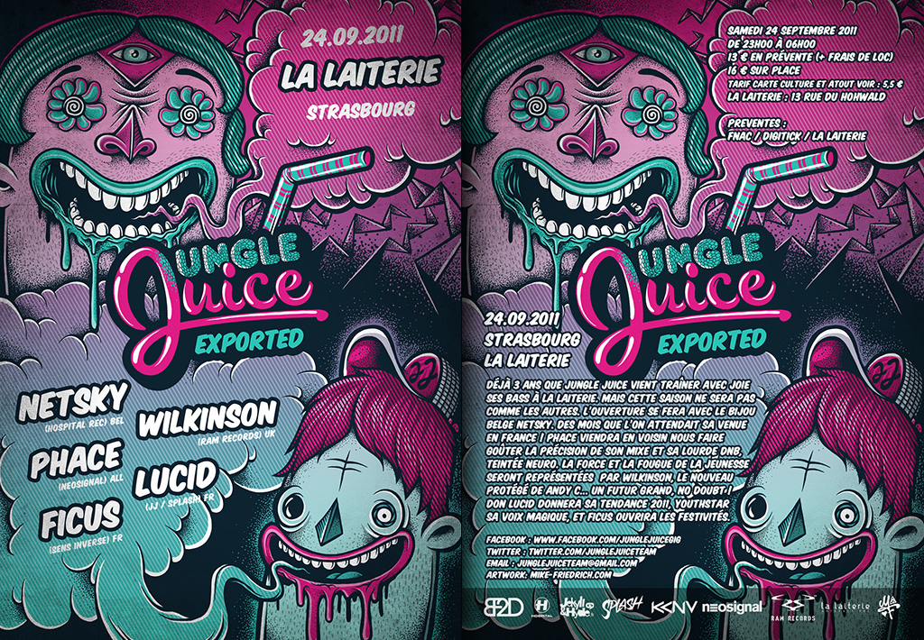 Mike Friedrich poster flyer jungle juice party dubstep Drum and Bass D&B Paris strasbourg toulouse berlin print series glazart cabaret sauvage Character skulls pink