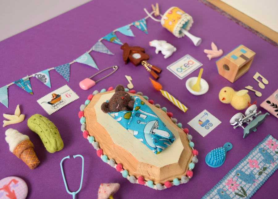 Miniature collage photo baby prenatal card purple violet bear mushroom parenting hine mizushima craft handmade toy