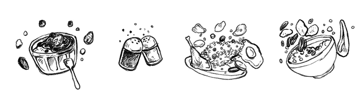 Food  food illustration doodle black and white pencil breakfast egg bacon milk tea