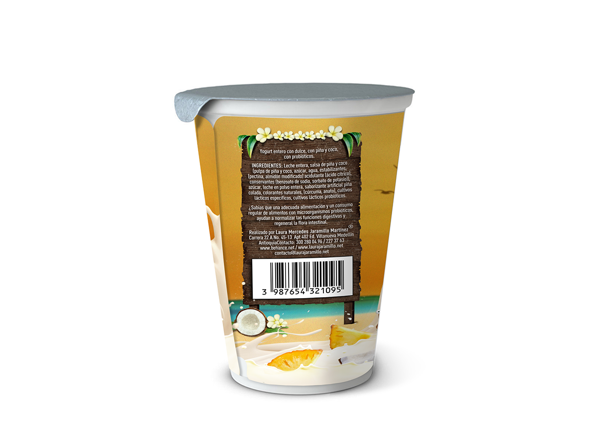empaques packing etiqueta pina colada Pineapple Coco piña Coconut Tropical Yogourt yogur yellow Sunglasses Label