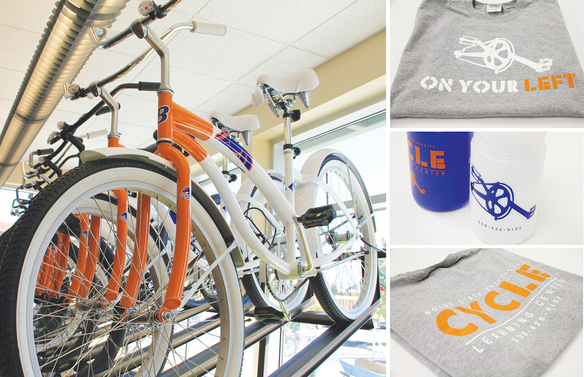 Bike cycle learning boise state higher educations cruiser brand identity print logo promotional items t-shirts Water Bottles Bike Shop