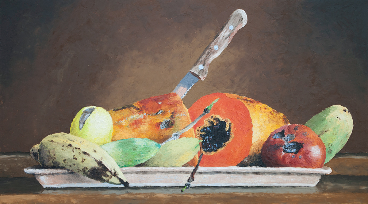 spatula Oil Painting still life Tomato papaya knife Mango