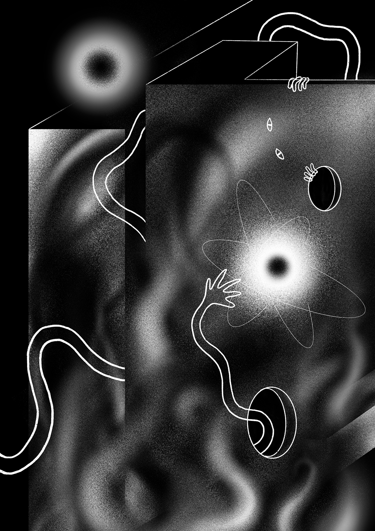 abstract grain ILLUSTRATION  Procreate Space  surreal Triptych black and white illustration project surrealism