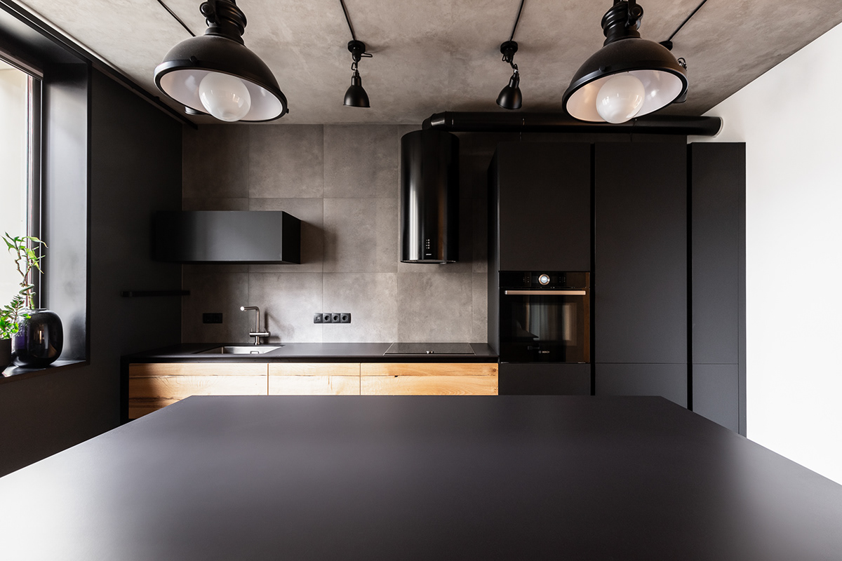Interior design LOFT concrete wood art stile apartment kitchen bathroom