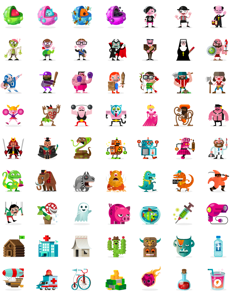 patswerk vector game icons characters Dinosaur robot zombie