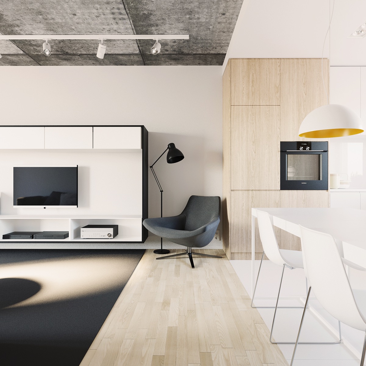 wnętrze minimalizm drewno beton