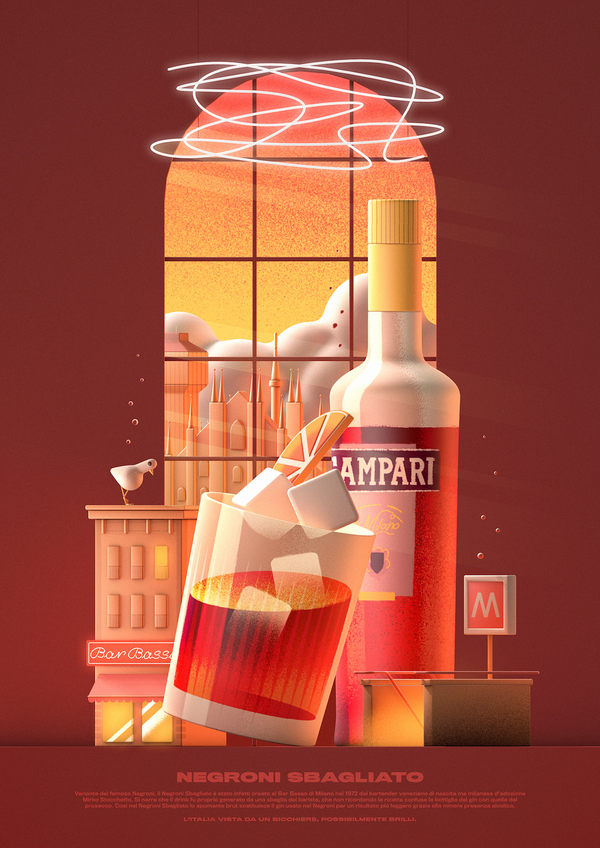 3D Illustrated poster about Negroni Sbagliato Cocktail.