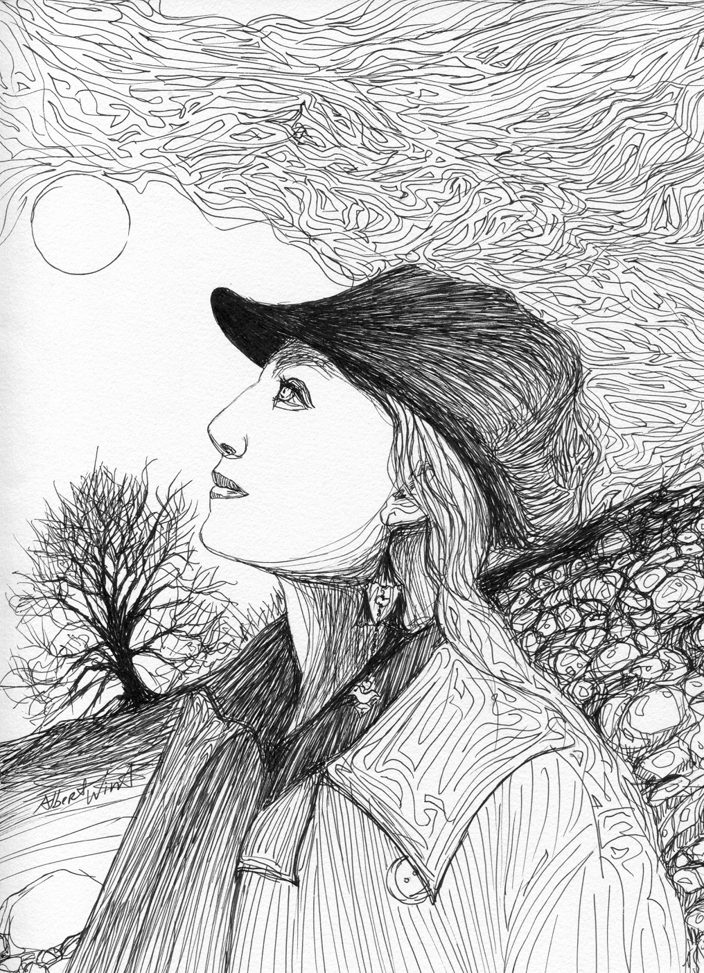 girl sketch PORTRAIT DRAWING Beautiful pen ink profile artist Tree 