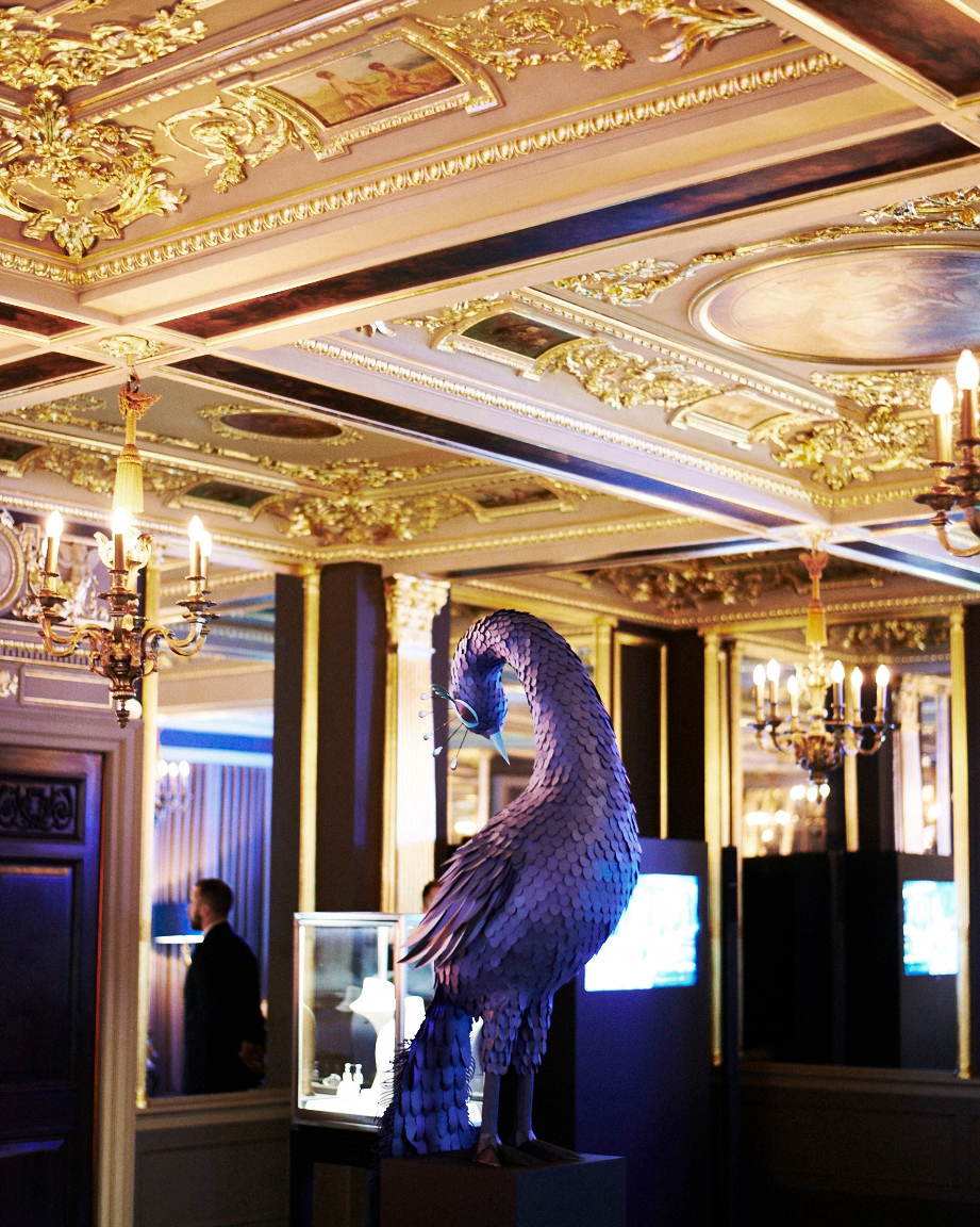 peacock Mappin & Webb paper blue royal cafe feathers bird Event launch press