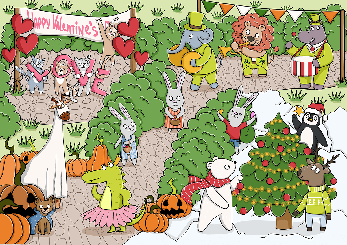 cartoon ILLUSTRATION  childrenbook Wimmelbuch digital illustration animal illustration Christmas Halloween Easter patricks day