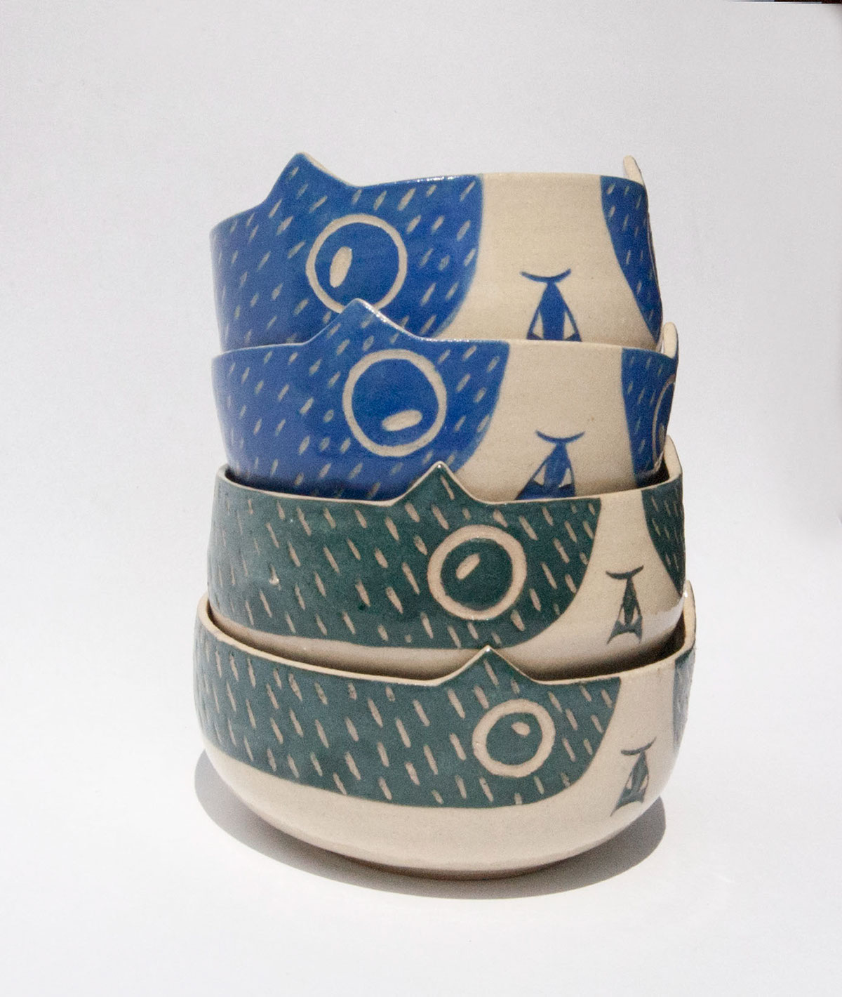 cats kitty bowls Pottery ceramics  sgraffito surface design ears