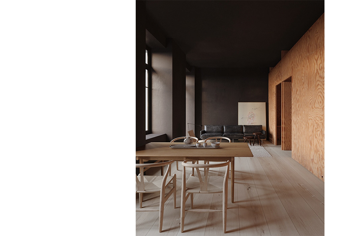apartments asceticism atmospheric interior Dark interior home interior design  natural materials plaster plywood wood