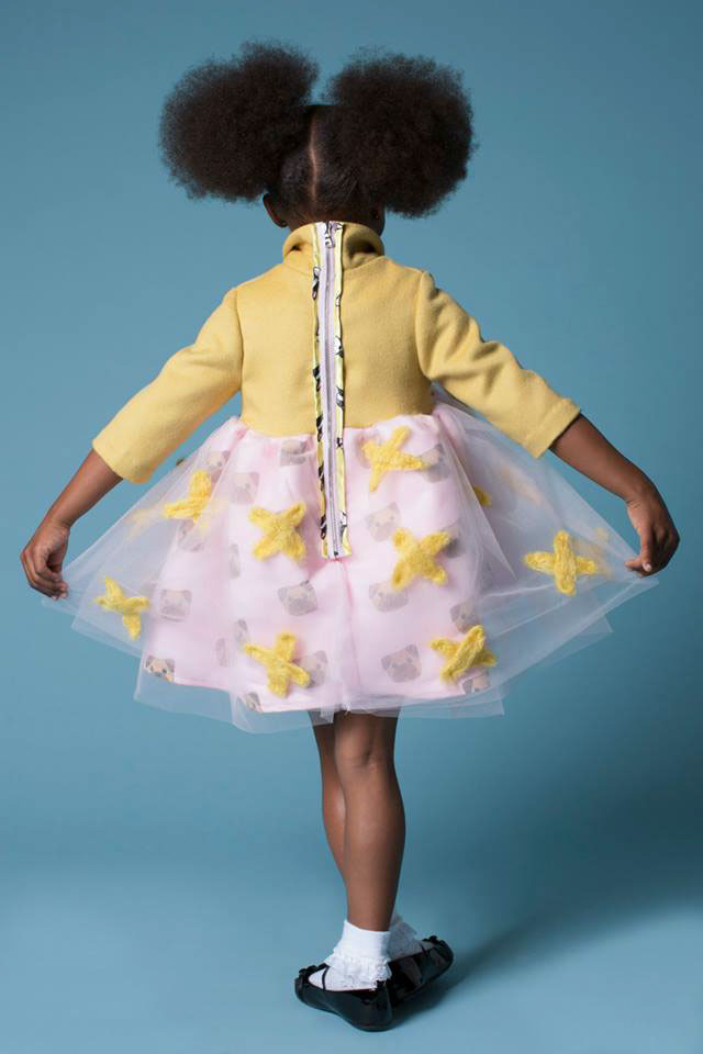 kelseykawamoto Childrenswear children dresses tulle yellow wool pink dog leather boston terrior 1960s inspiration applique felting
