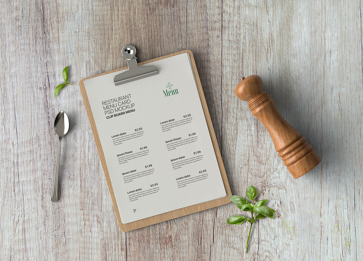 branding  cafe clipboard design Food  free mockup  Menu Card print psd template restaurant