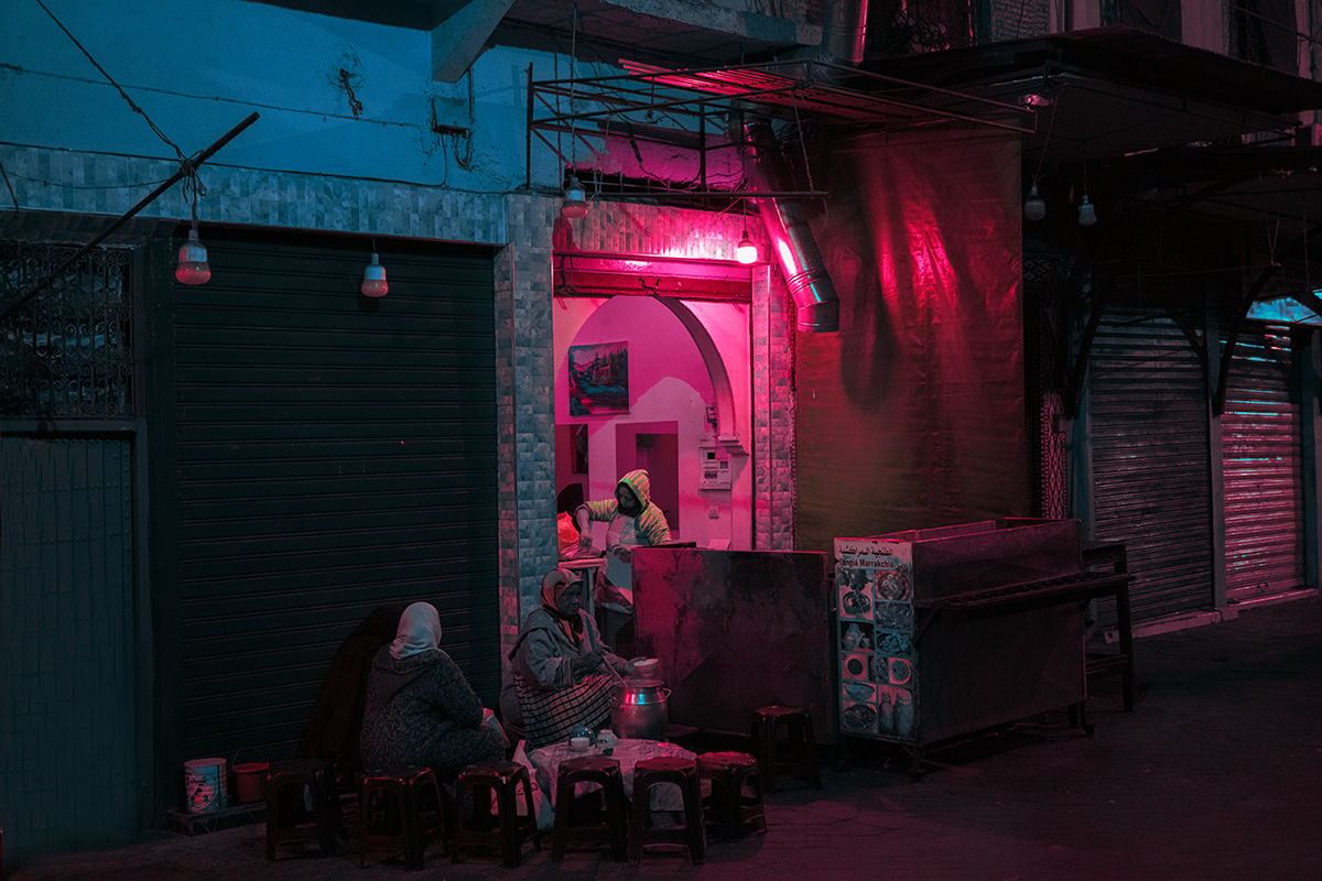 Morocco neon night photography atmosphere Dystopian street photography art photography cinematic Marrakech Arab