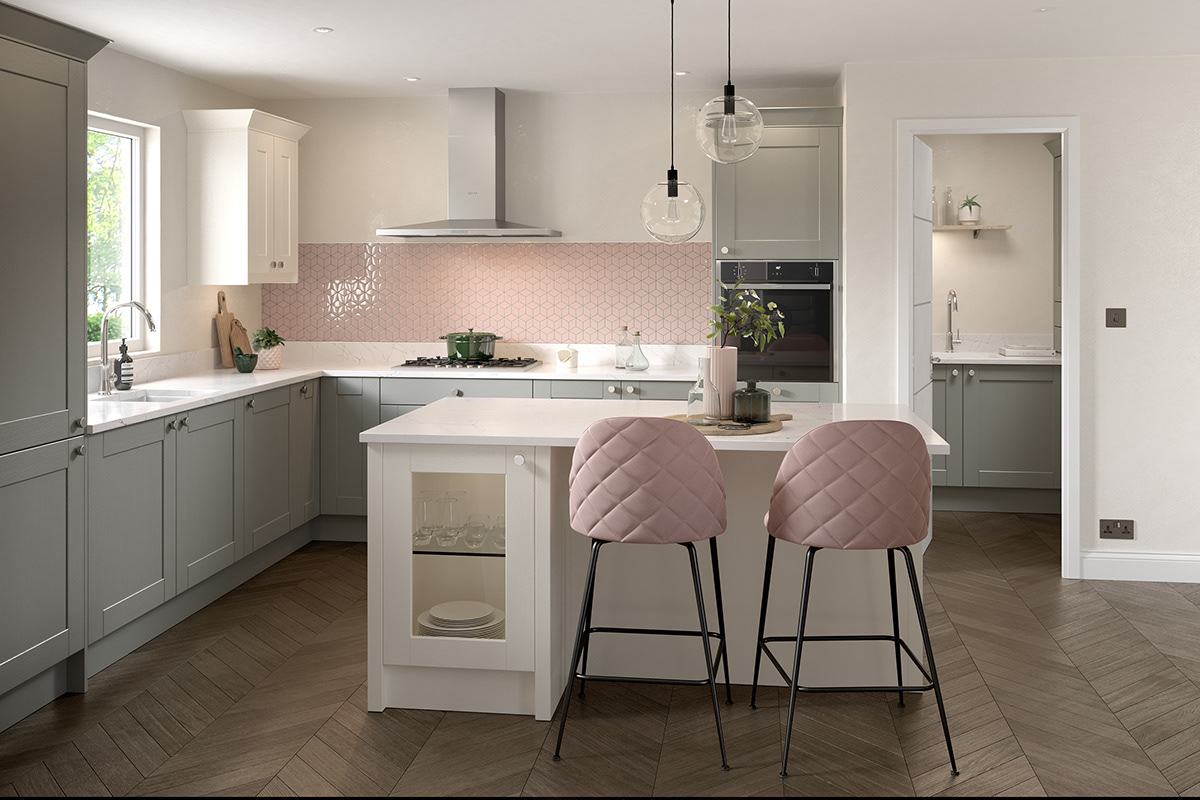 Elegant kitchen and utility CGI with soft pink feature tiles and grey shaker cabinets