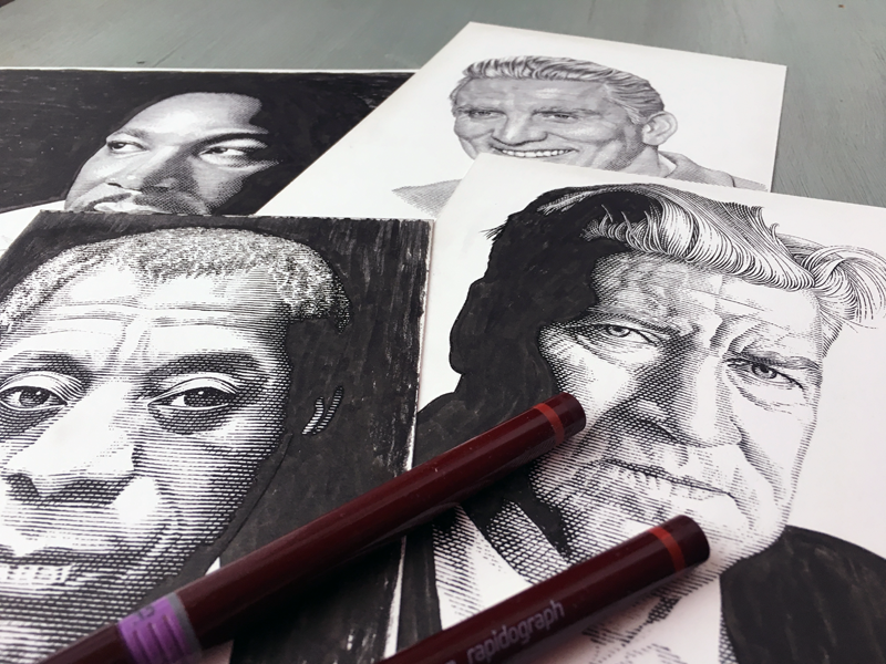 Pen & Ink line art lineart woodcut engraving Portraiture portrait kennedy Martin Luther King black & white