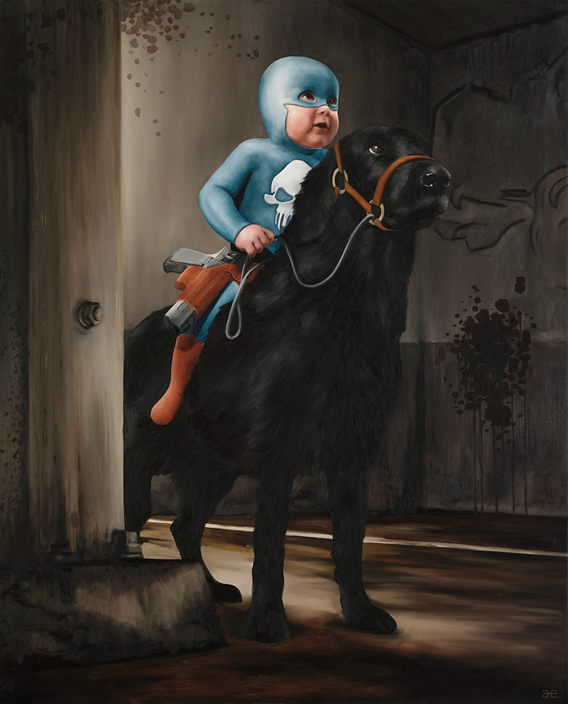 SuperHero oil paintings funny action photorealistic portrait senior contemporary Pop Art