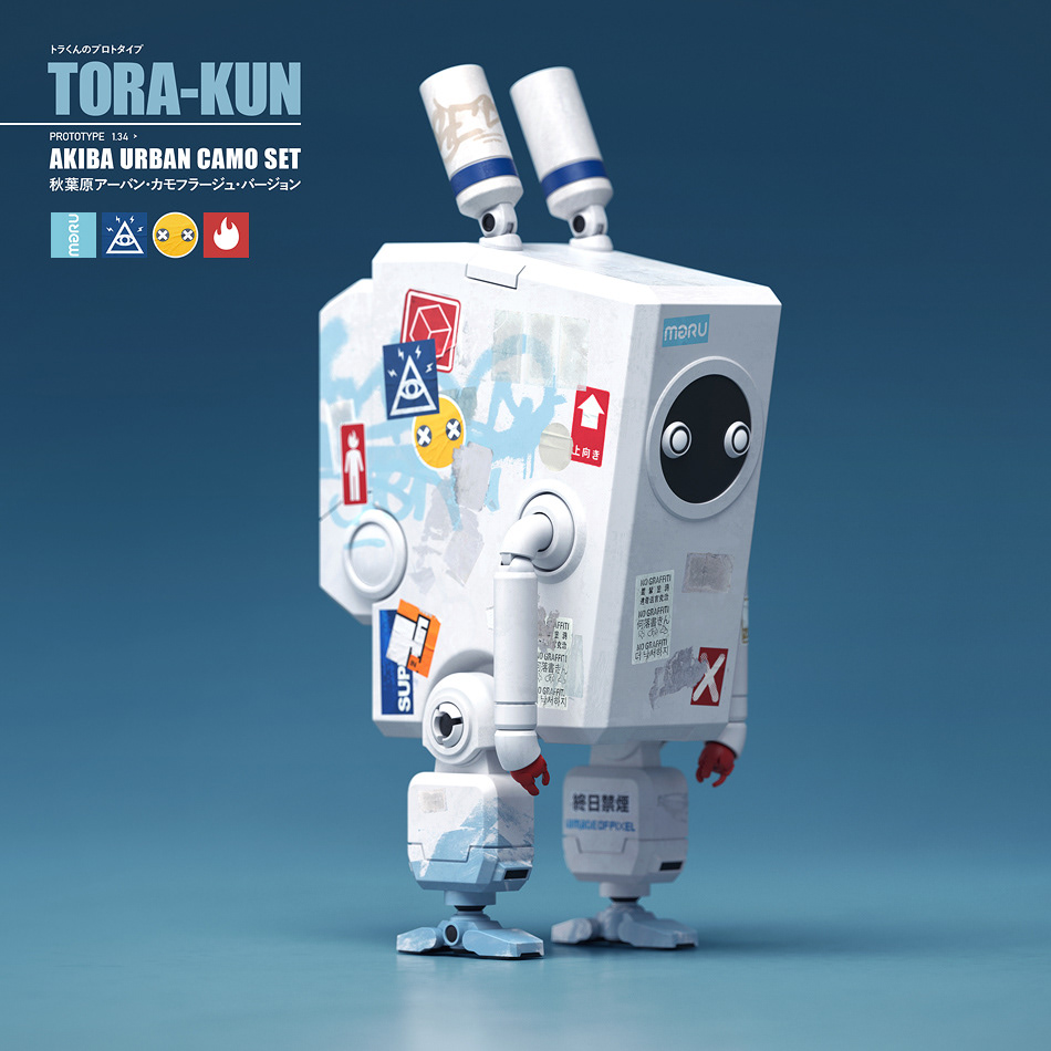 robot is lost TORA-KUN Akiba Urban camo version in white with stickers on blue background 