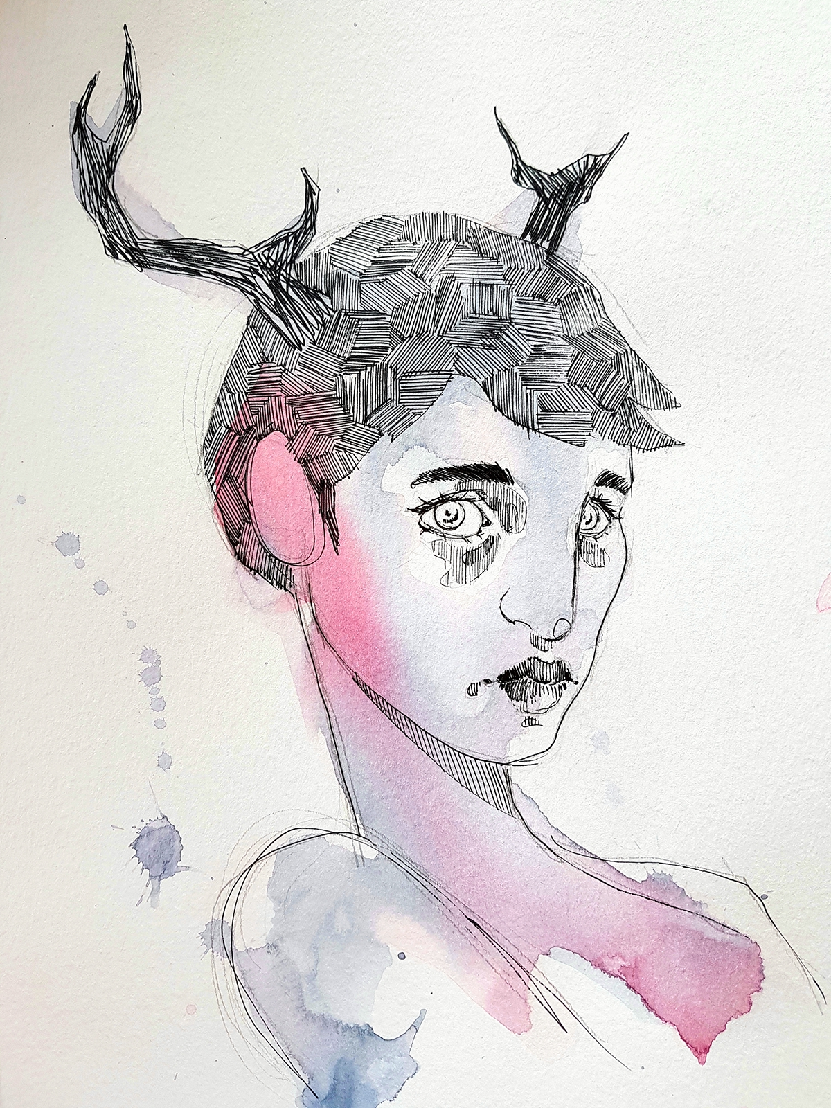 draw comic ILLUSTRATION  deer girl horns portrait watercolor