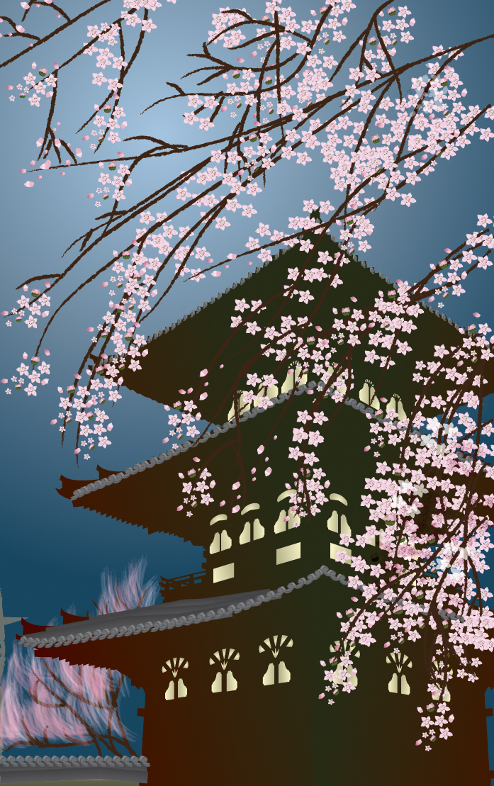 digital illustration brush painting zen japanese pagoda digital brush painting Cherry blossoms