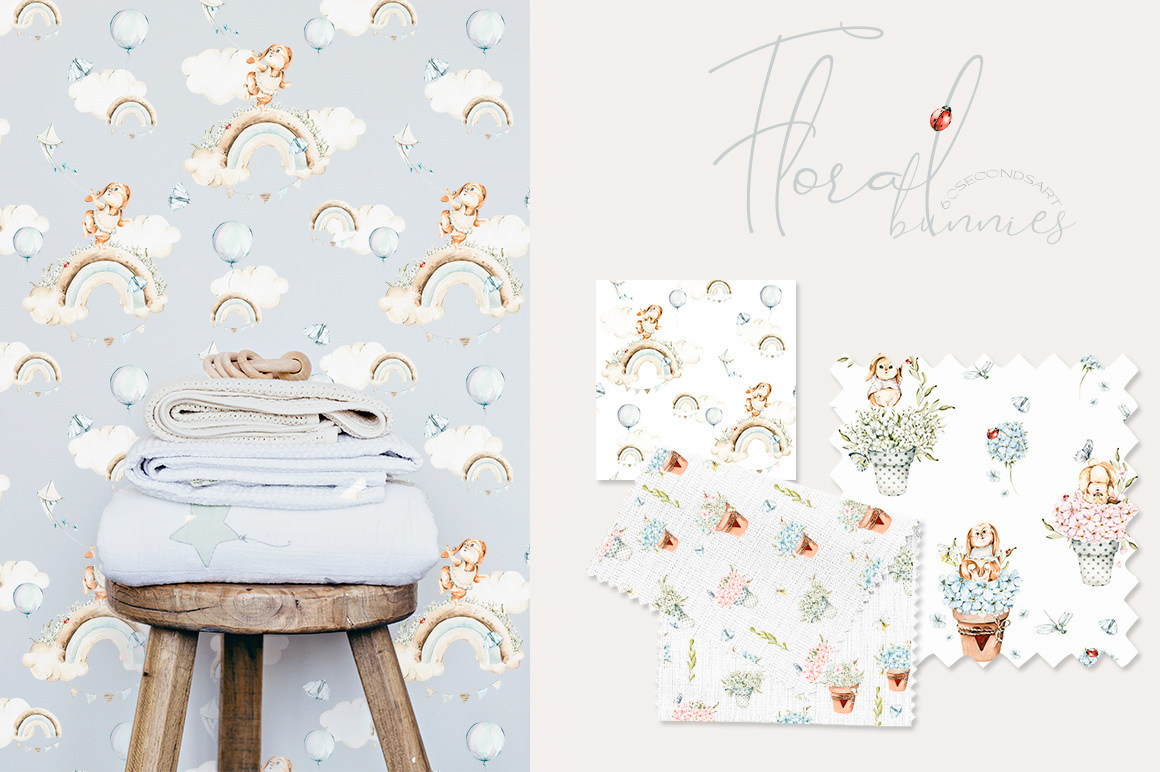 baby bunny cute fabric print nursery rainbow scrapbook seamless patterns textile design  wallpaper
