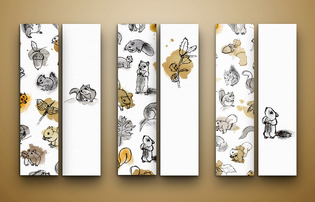 pattern squirrels ink spices doodle wrapping paper a bookmark a shirt leaf acorn graphic design tea bags black