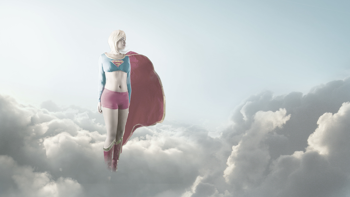 Supergirl Super Girl Dc Comics Cosplay Cosplayer Cosplay photograpy clouds birds Fly flight Hero heroine Composite green screen