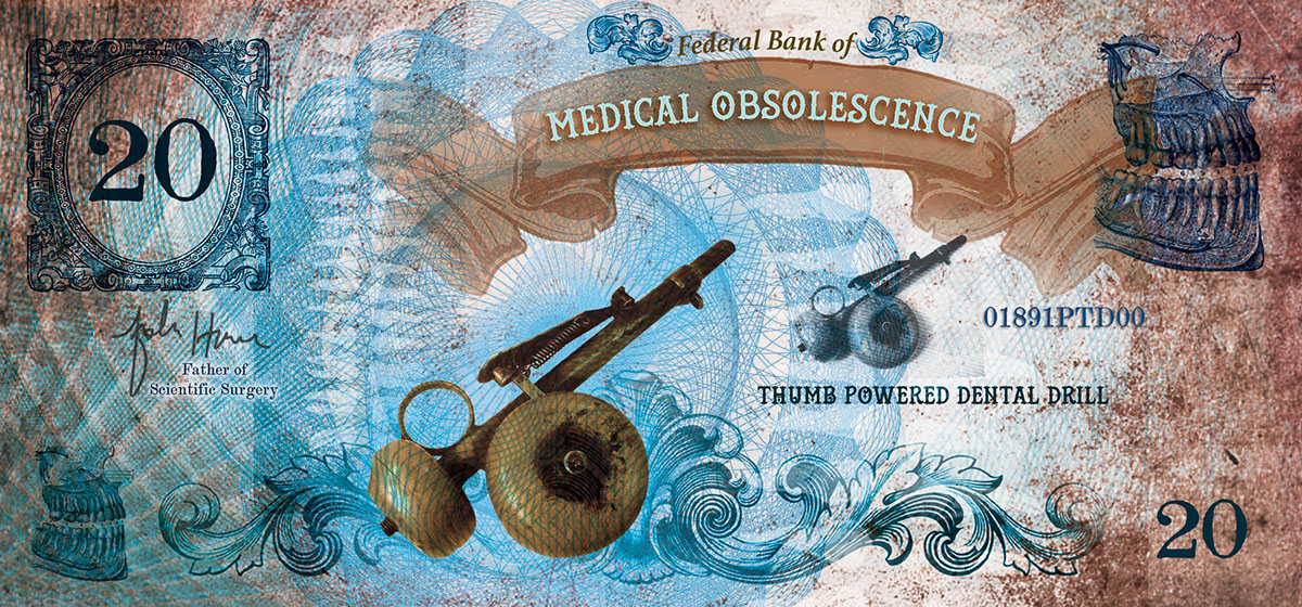 currency banknotes money cartouche Victorian medical dental tools anatomy diagram color decorative ornamental procedures bones