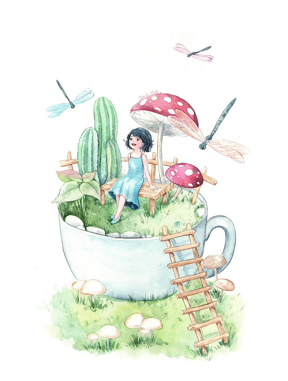 garden thanhxinh lovely watercolorpainting  ILLUSTRATION  cup little girl mushroom