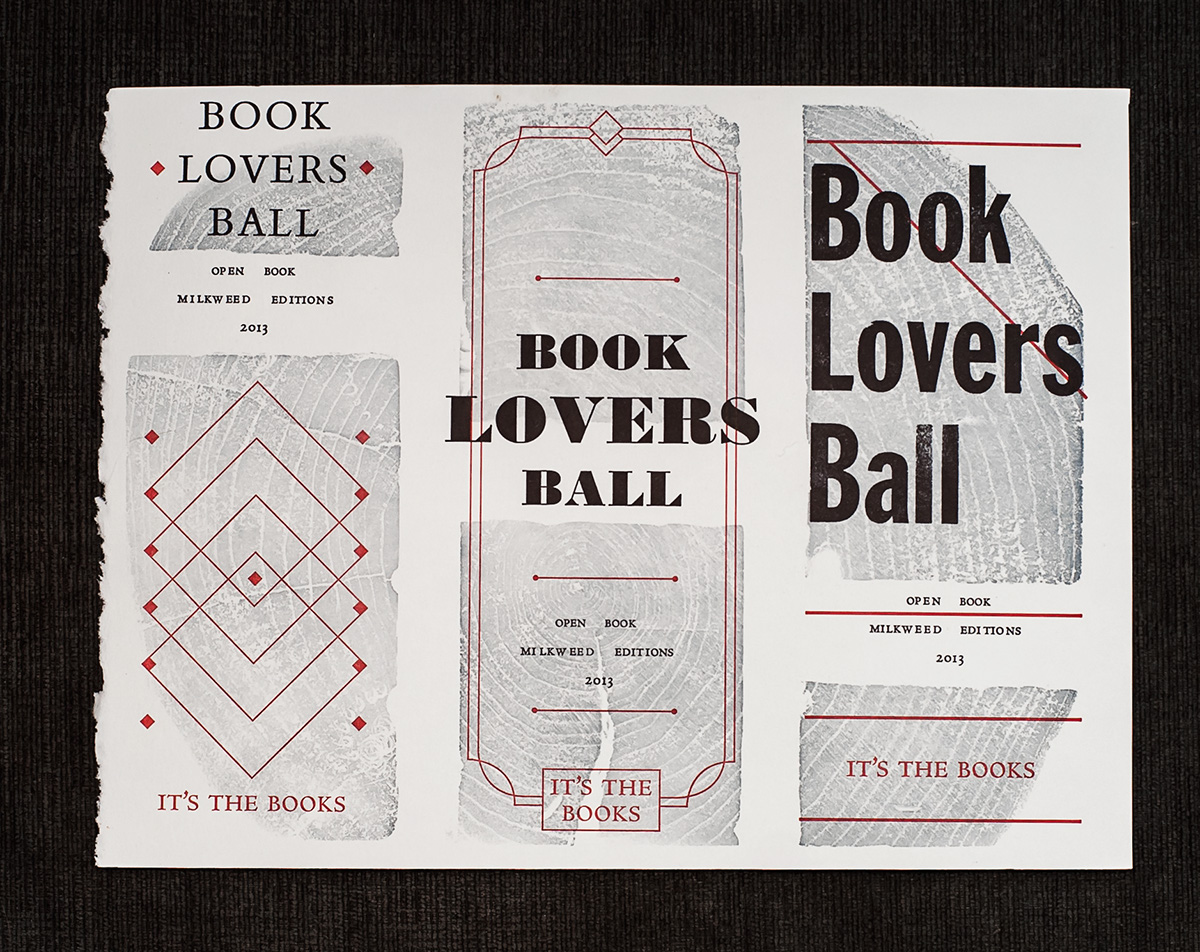 Milkweed Editions Open Book Center Gala letterpress bookmark Lead Type Book Lovers Ball authors milkweed Editions Book Arts minnesota mcba