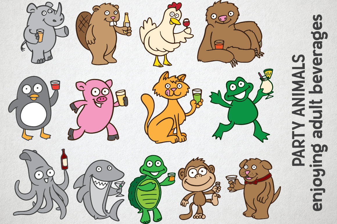 Party Animals - a cartoon set of animals with booze! on Behance