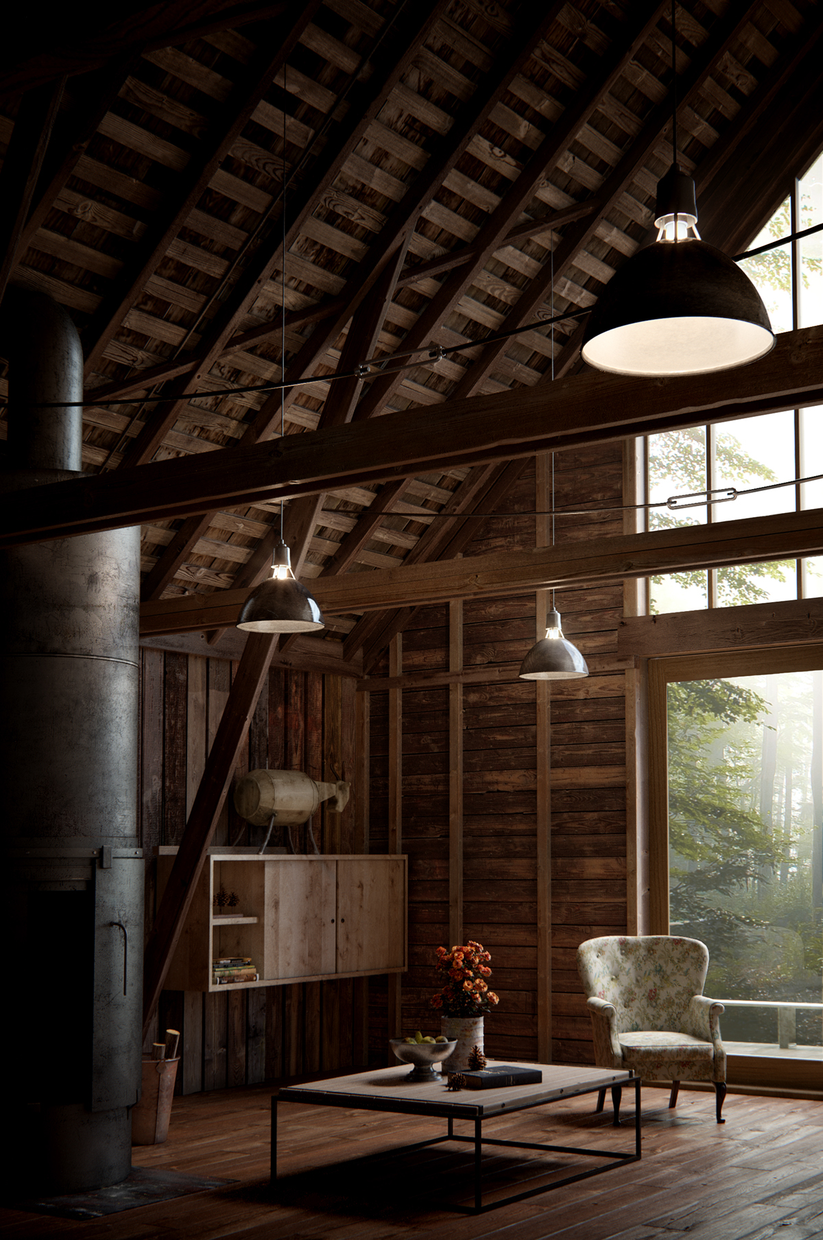 CG 3dsmax corona corona render  Interior barn wood renovation chalet LOFT