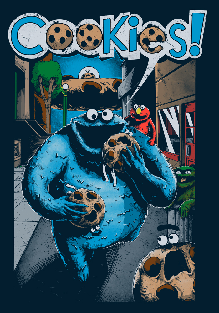 comic tshirt sesame street cookies cookie monster elmo Oscar the Grouch Threadless panels story aliens invasion